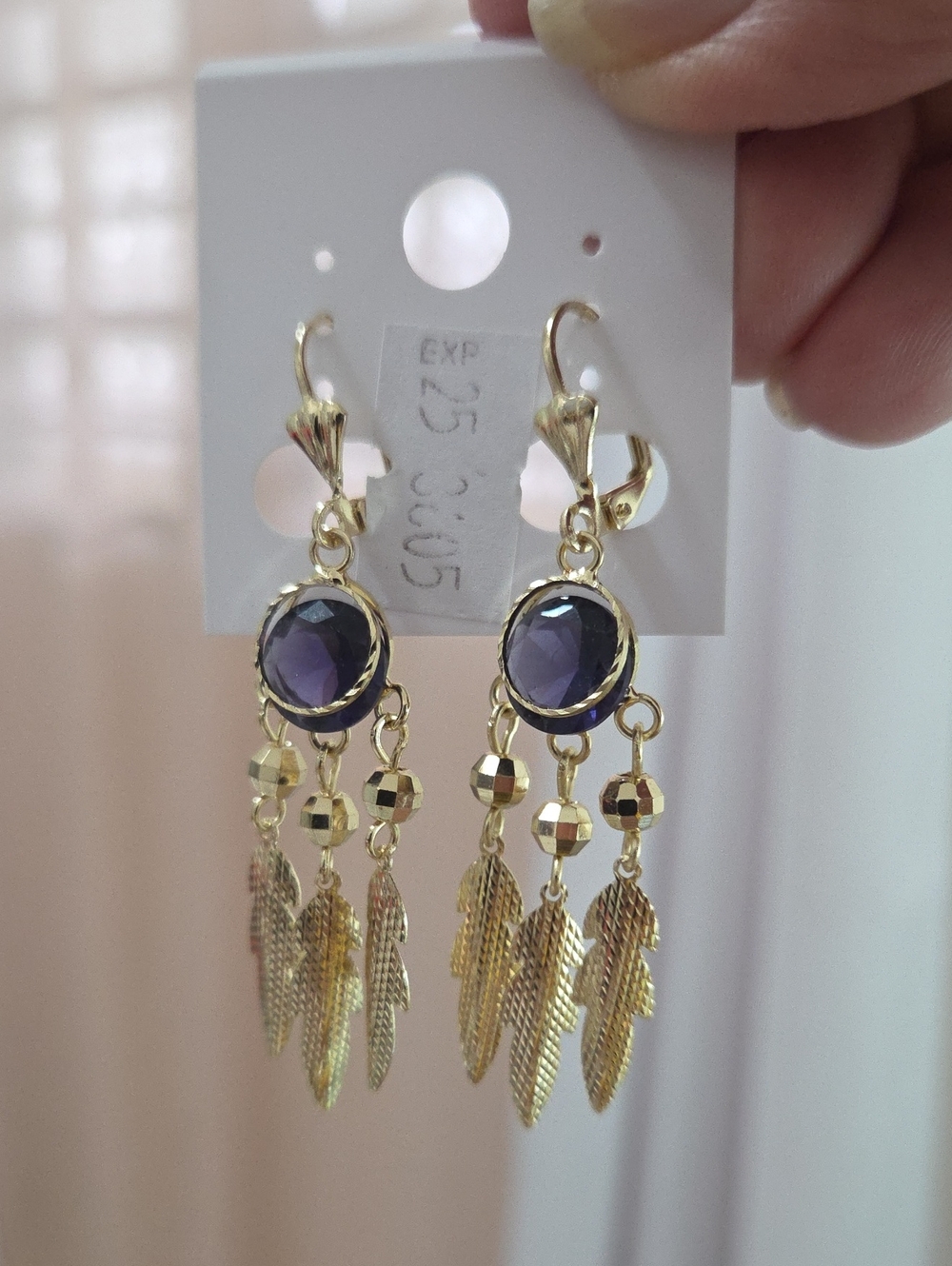 14K Laminated Gold-Plated Purple Stone Dangle Earrings